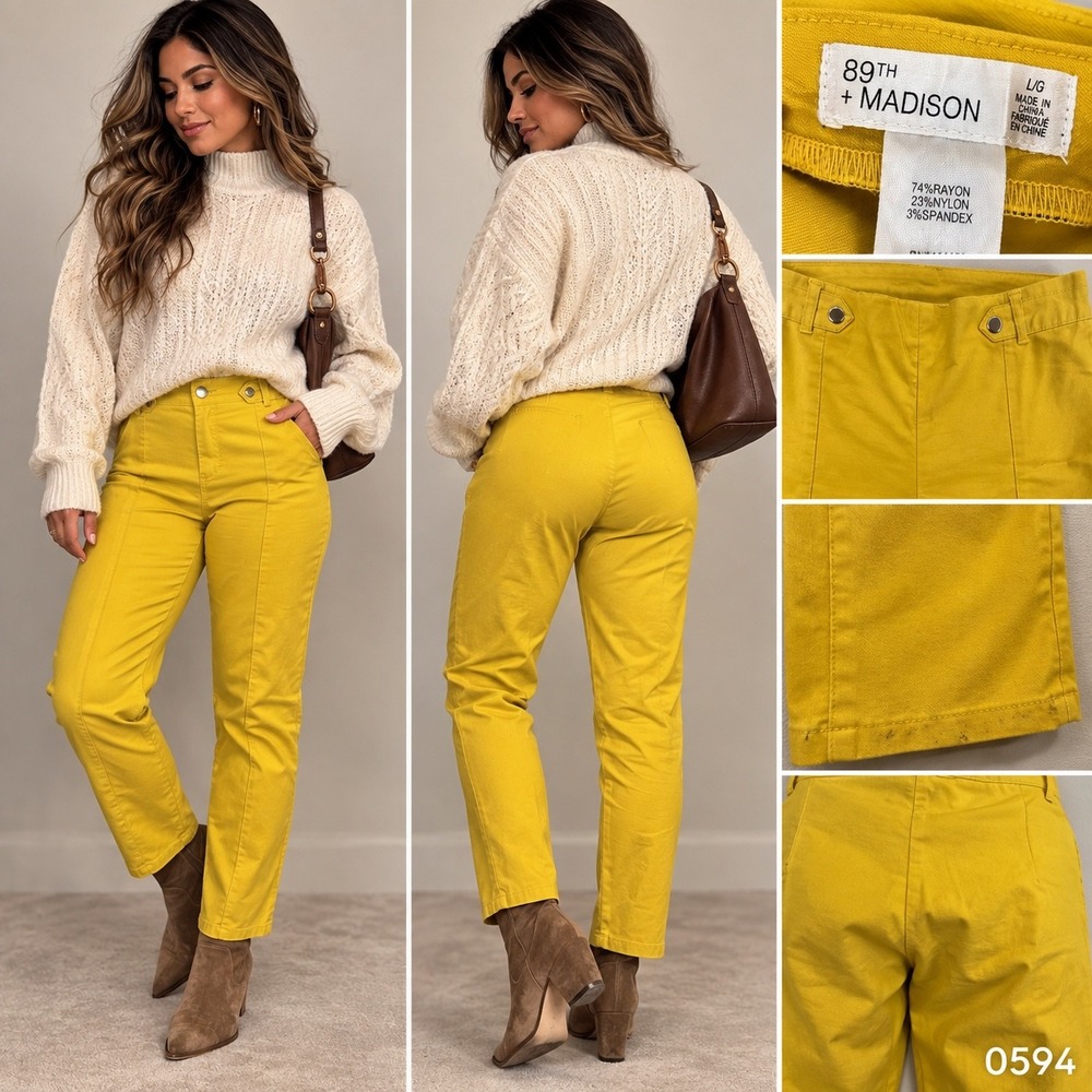 89th + Madison Womens Yellow Pull On Straight Leg Stretch Pintuck Pants L 0594